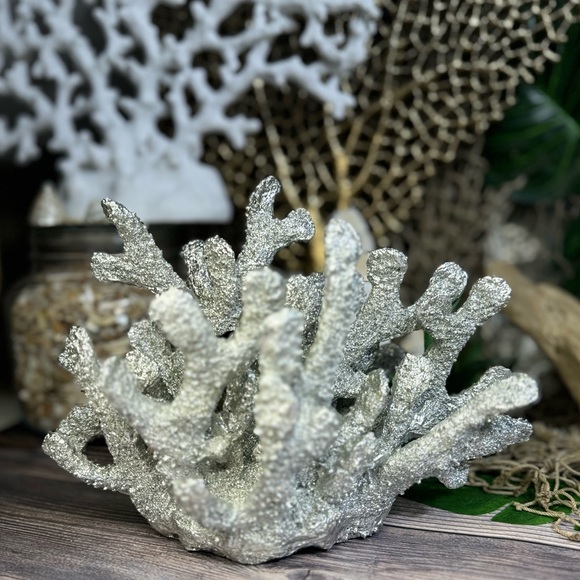 NEW Silver Poly Resin CORAL Coastal Nautical Beach Ocean Decor Bookend Shell Dis - Picture 12 of 16